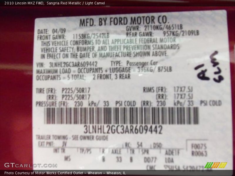 Sangria Red Metallic / Light Camel 2010 Lincoln MKZ FWD