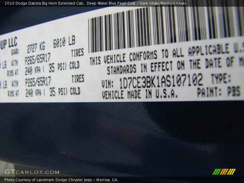 Deep Water Blue Pearl Coat / Dark Khaki/Medium Khaki 2010 Dodge Dakota Big Horn Extended Cab