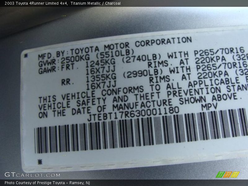 Titanium Metallic / Charcoal 2003 Toyota 4Runner Limited 4x4