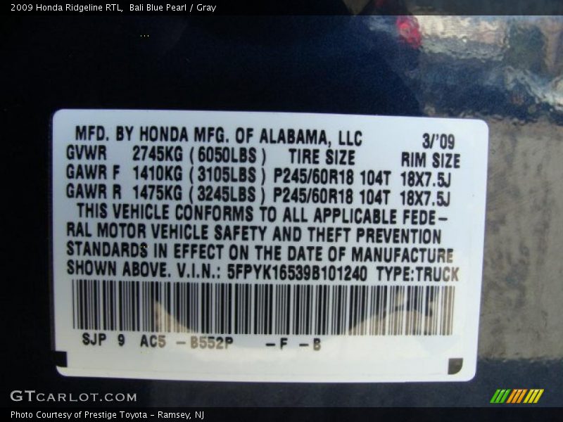 2009 Ridgeline RTL Bali Blue Pearl Color Code B552P
