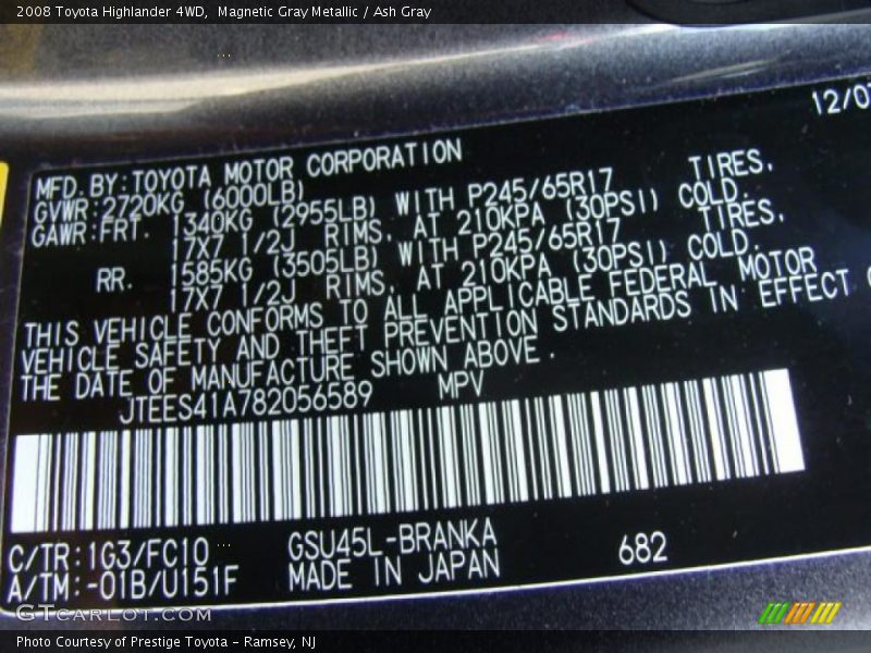 Magnetic Gray Metallic / Ash Gray 2008 Toyota Highlander 4WD