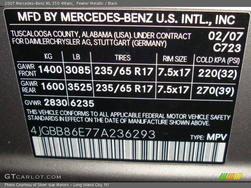 Pewter Metallic / Black 2007 Mercedes-Benz ML 350 4Matic