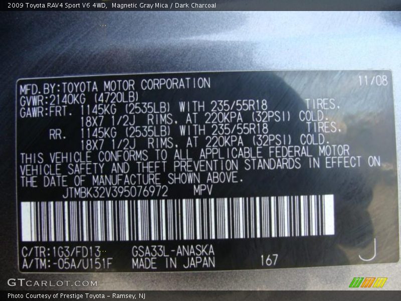2009 RAV4 Sport V6 4WD Magnetic Gray Mica Color Code 1G3