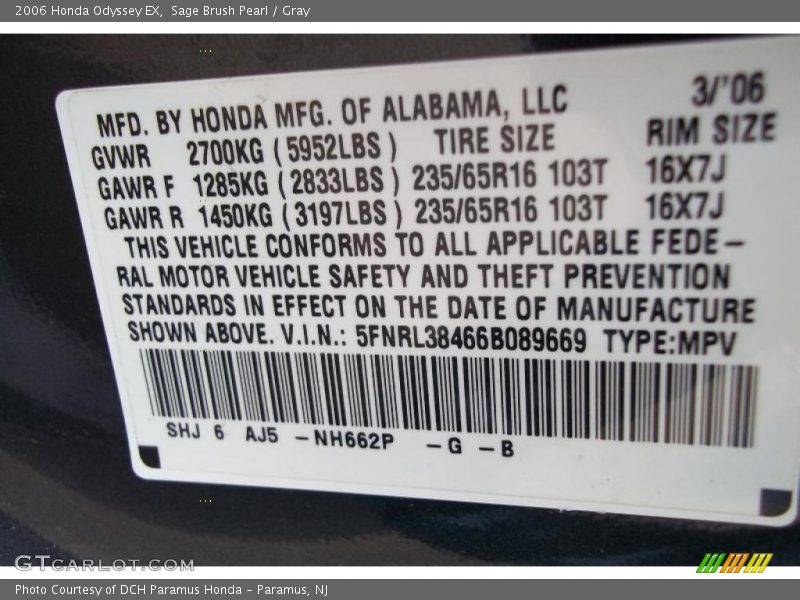Sage Brush Pearl / Gray 2006 Honda Odyssey EX