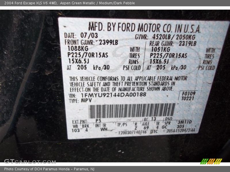 2004 Escape XLS V6 4WD Aspen Green Metallic Color Code P5
