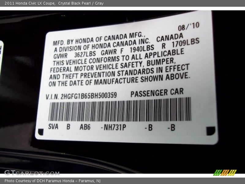 2011 Civic LX Coupe Crystal Black Pearl Color Code NH731P