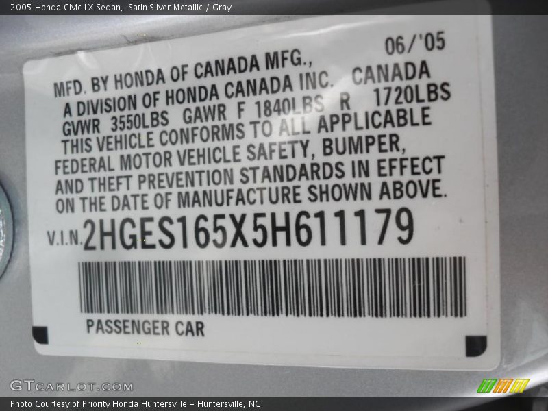 Satin Silver Metallic / Gray 2005 Honda Civic LX Sedan