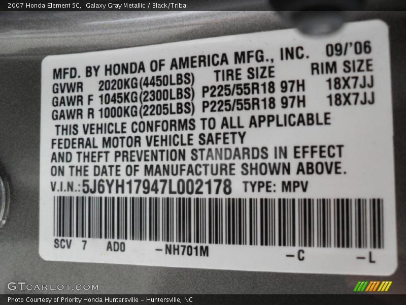 2007 Element SC Galaxy Gray Metallic Color Code NH701M