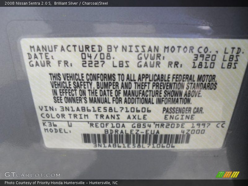 Brilliant Silver / Charcoal/Steel 2008 Nissan Sentra 2.0 S