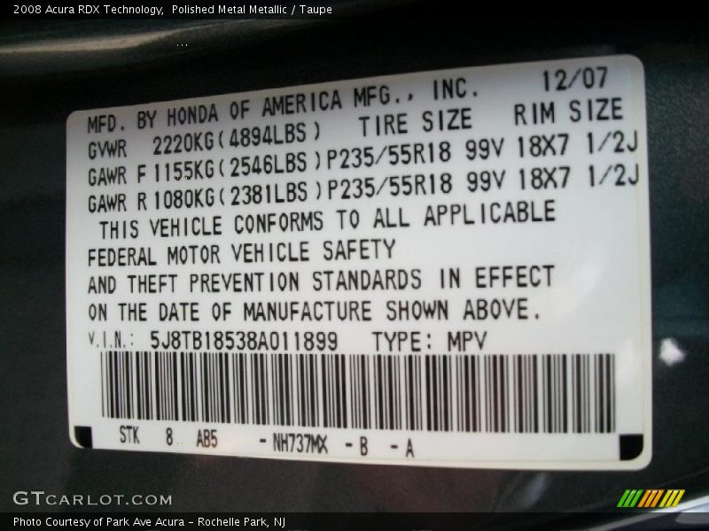 Polished Metal Metallic / Taupe 2008 Acura RDX Technology