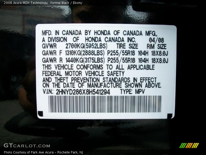 Formal Black / Ebony 2008 Acura MDX Technology
