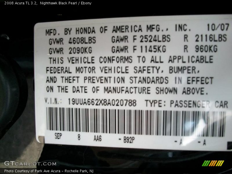Nighthawk Black Pearl / Ebony 2008 Acura TL 3.2