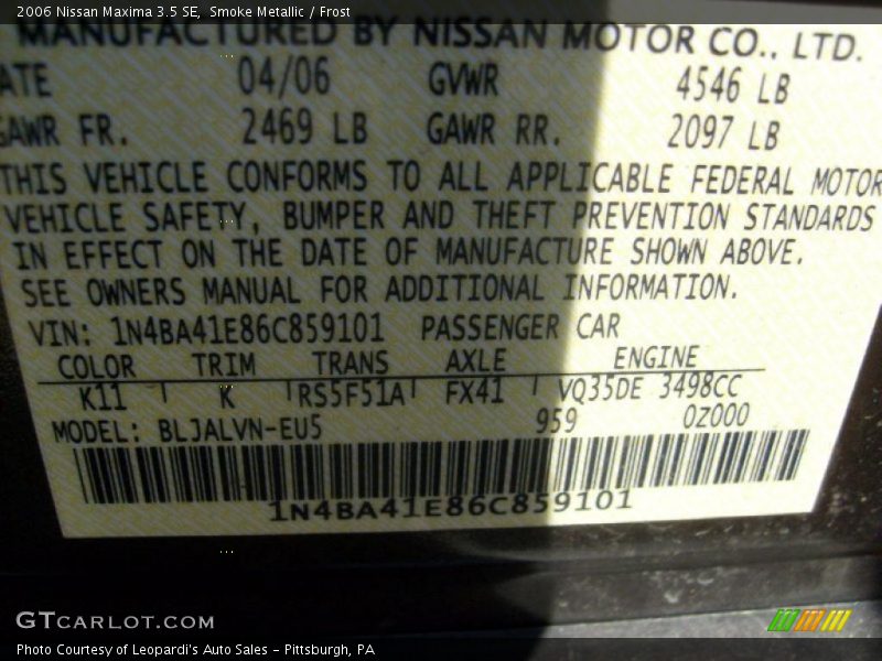 Smoke Metallic / Frost 2006 Nissan Maxima 3.5 SE