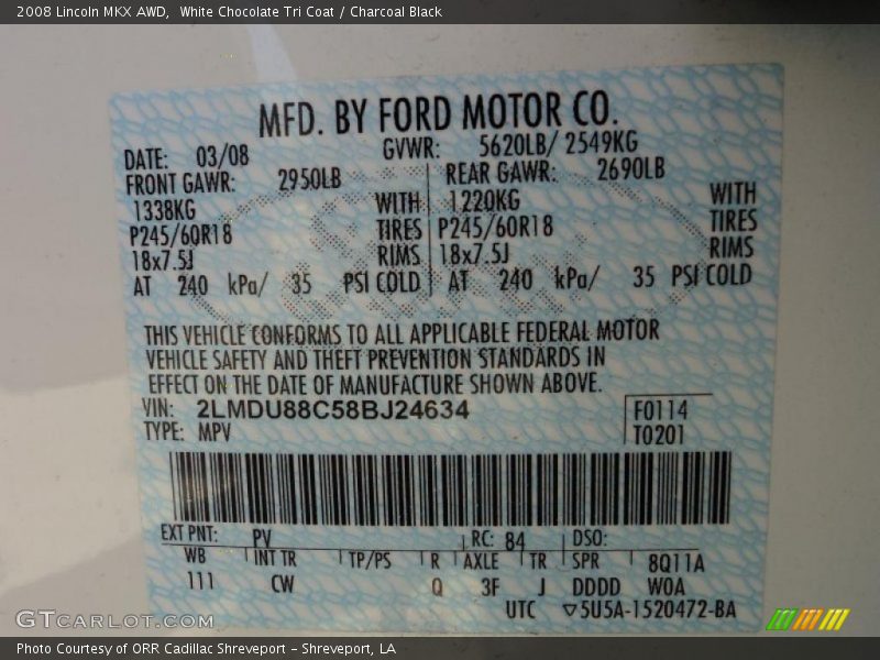 White Chocolate Tri Coat / Charcoal Black 2008 Lincoln MKX AWD