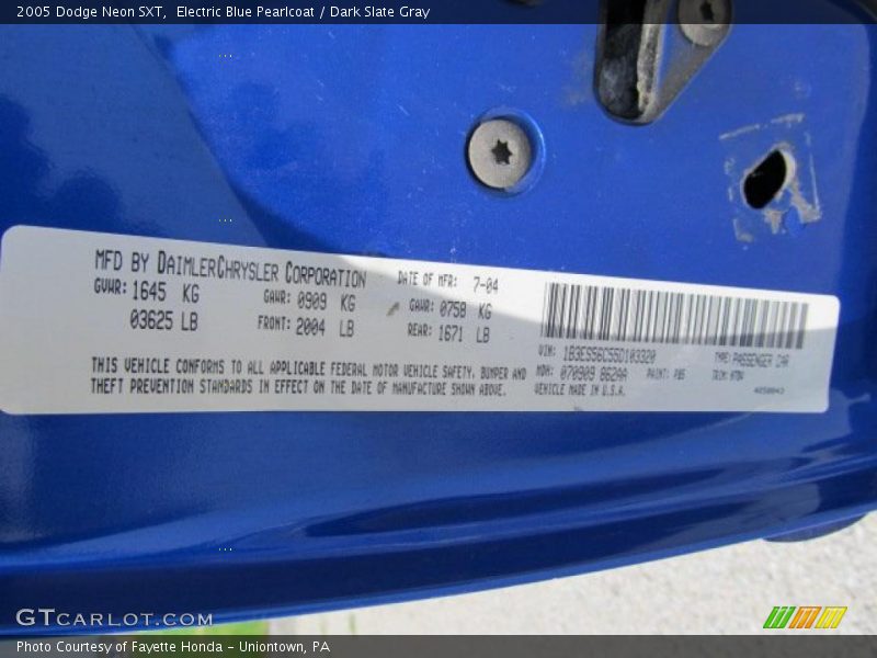 Electric Blue Pearlcoat / Dark Slate Gray 2005 Dodge Neon SXT