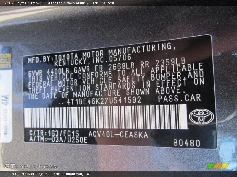 Magnetic Gray Metallic / Dark Charcoal 2007 Toyota Camry SE