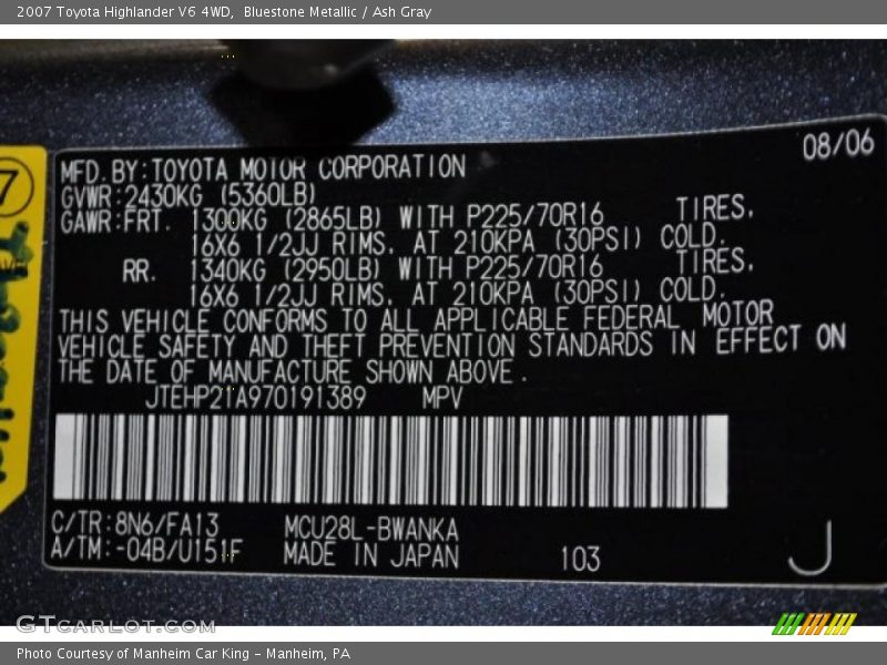 Bluestone Metallic / Ash Gray 2007 Toyota Highlander V6 4WD