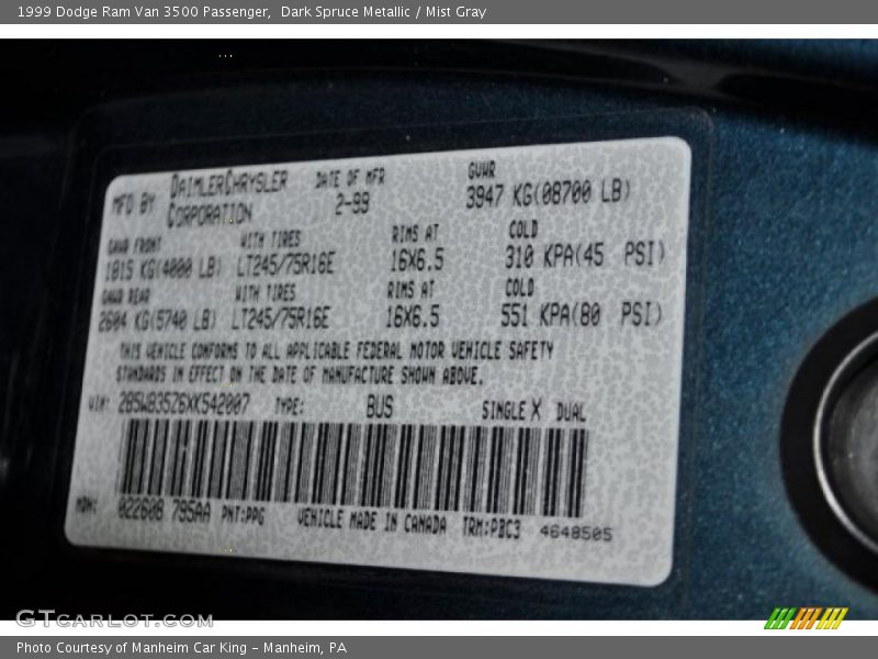 1999 Ram Van 3500 Passenger Dark Spruce Metallic Color Code PPG