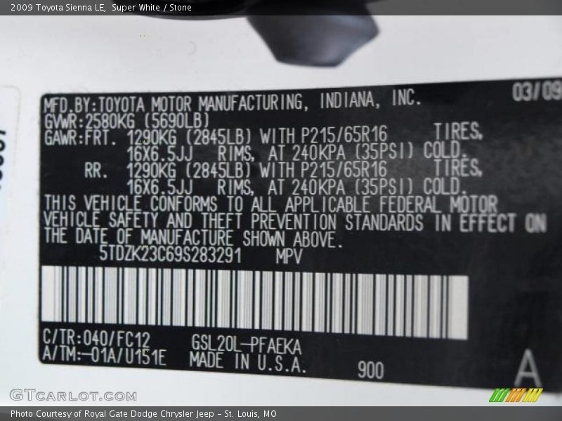 Super White / Stone 2009 Toyota Sienna LE
