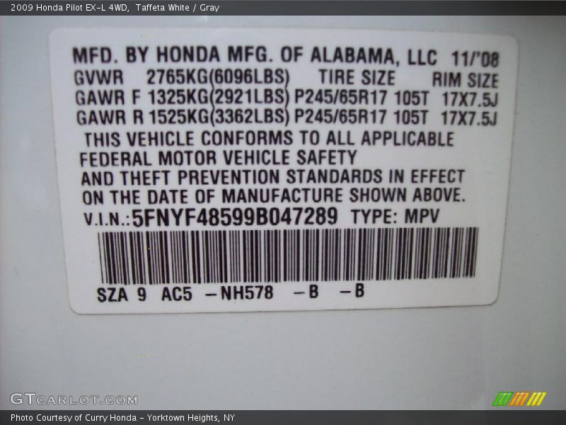 Taffeta White / Gray 2009 Honda Pilot EX-L 4WD