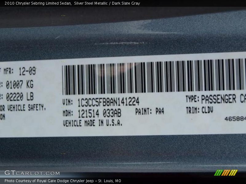 Silver Steel Metallic / Dark Slate Gray 2010 Chrysler Sebring Limited Sedan