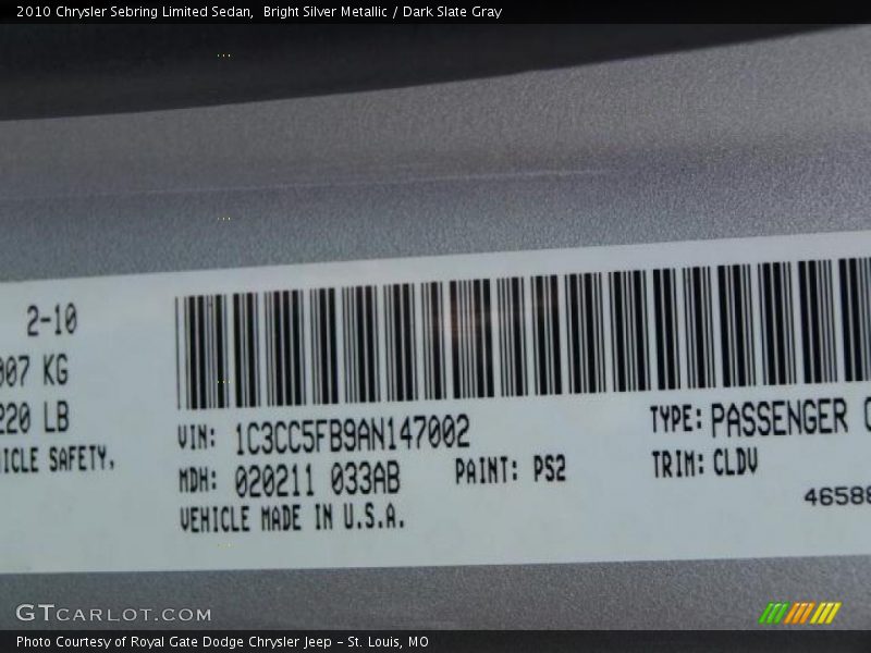 Bright Silver Metallic / Dark Slate Gray 2010 Chrysler Sebring Limited Sedan