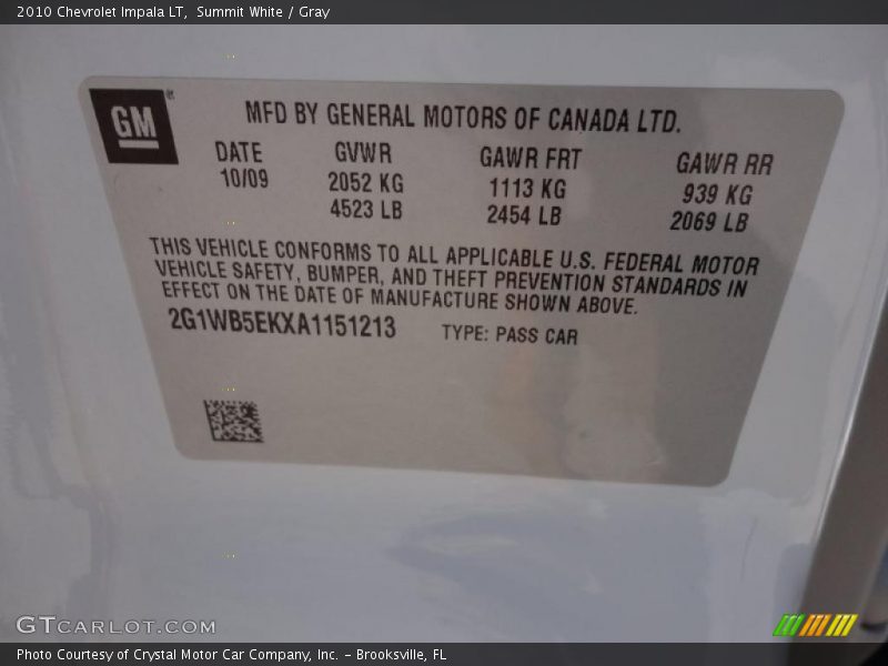 Summit White / Gray 2010 Chevrolet Impala LT