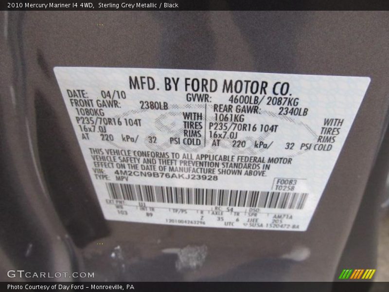 Sterling Grey Metallic / Black 2010 Mercury Mariner I4 4WD