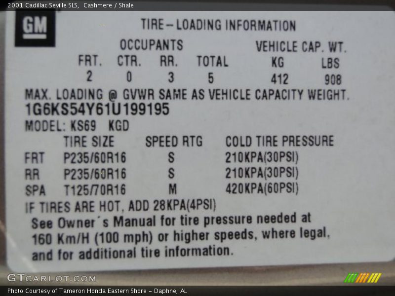 Info Tag of 2001 Seville SLS