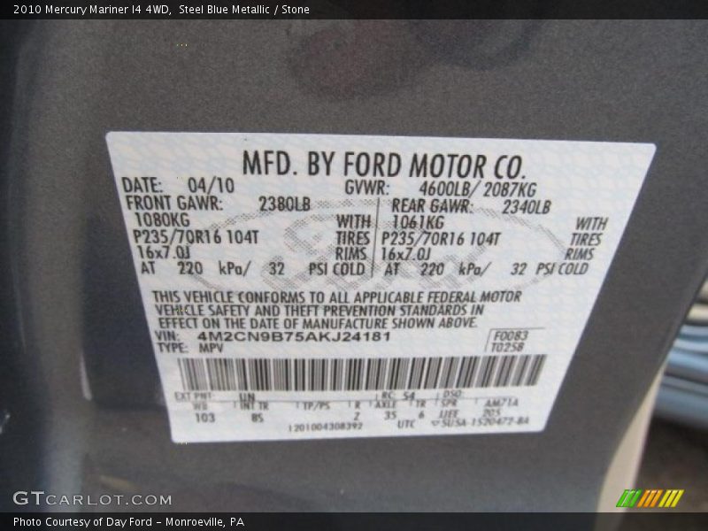 Steel Blue Metallic / Stone 2010 Mercury Mariner I4 4WD