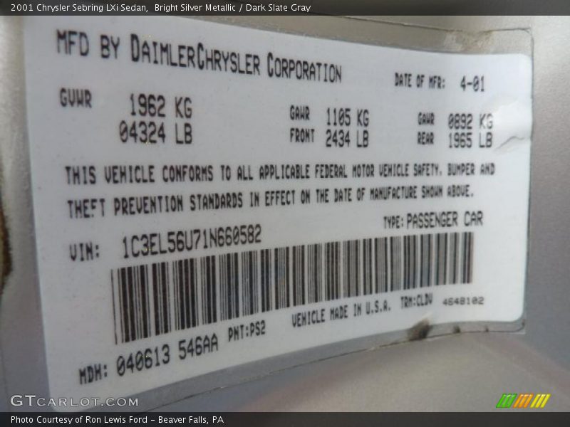 Bright Silver Metallic / Dark Slate Gray 2001 Chrysler Sebring LXi Sedan