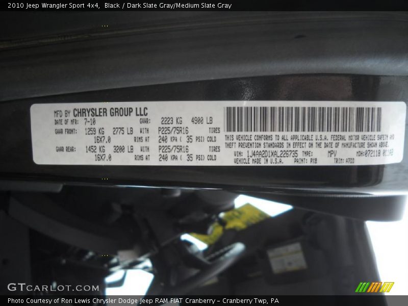 Black / Dark Slate Gray/Medium Slate Gray 2010 Jeep Wrangler Sport 4x4