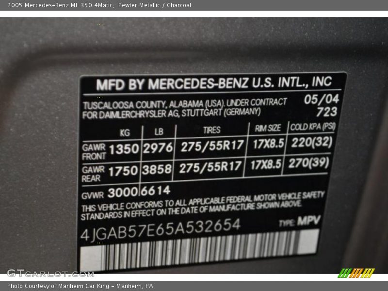 Pewter Metallic / Charcoal 2005 Mercedes-Benz ML 350 4Matic