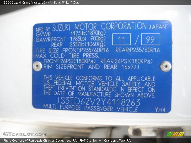 Polar White / Gray 2000 Suzuki Grand Vitara JLX 4x4