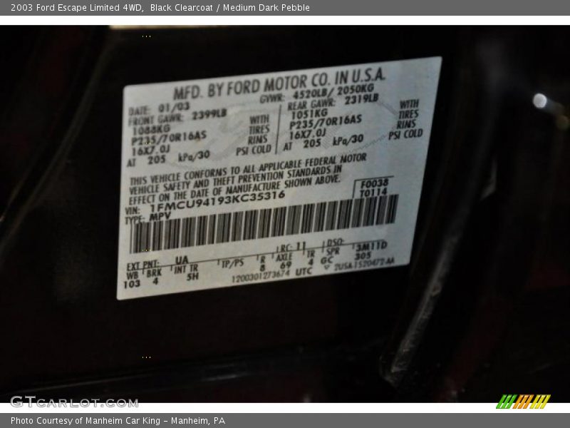 Black Clearcoat / Medium Dark Pebble 2003 Ford Escape Limited 4WD