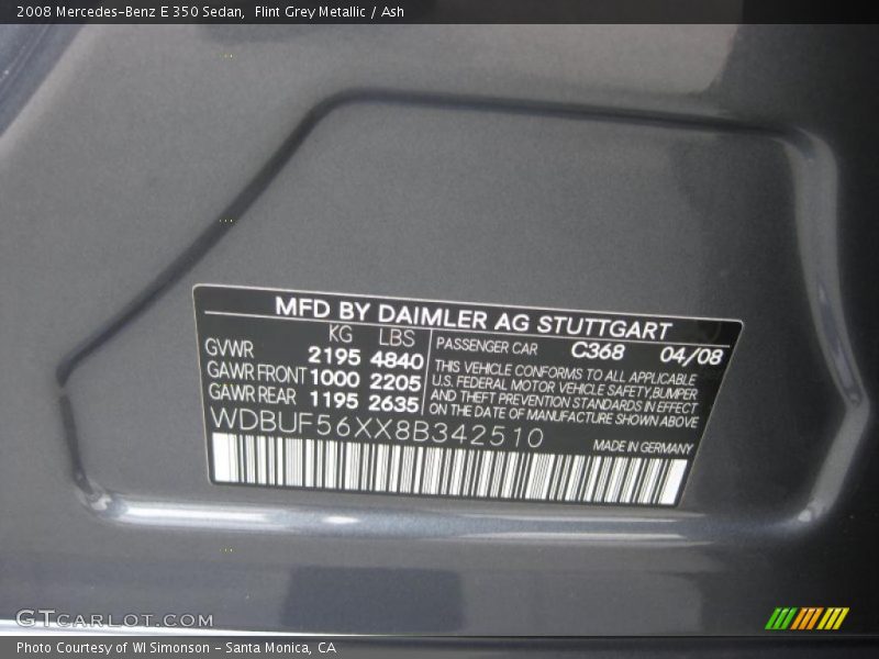 Flint Grey Metallic / Ash 2008 Mercedes-Benz E 350 Sedan