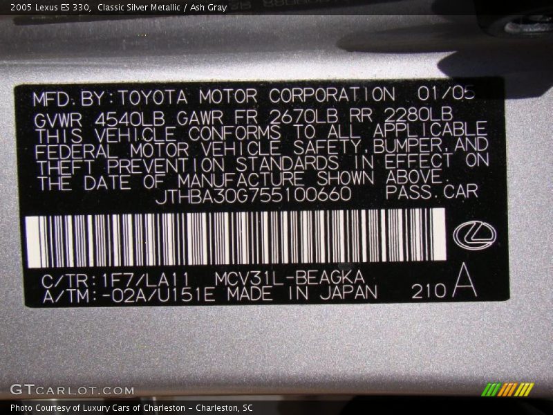 Classic Silver Metallic / Ash Gray 2005 Lexus ES 330