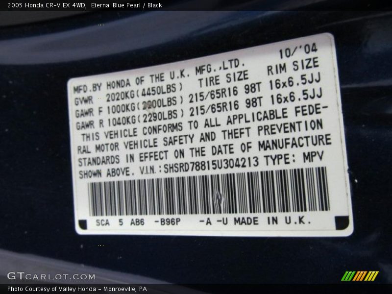 Eternal Blue Pearl / Black 2005 Honda CR-V EX 4WD