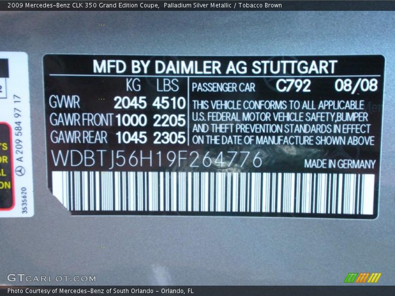 2009 CLK 350 Grand Edition Coupe Palladium Silver Metallic Color Code 792