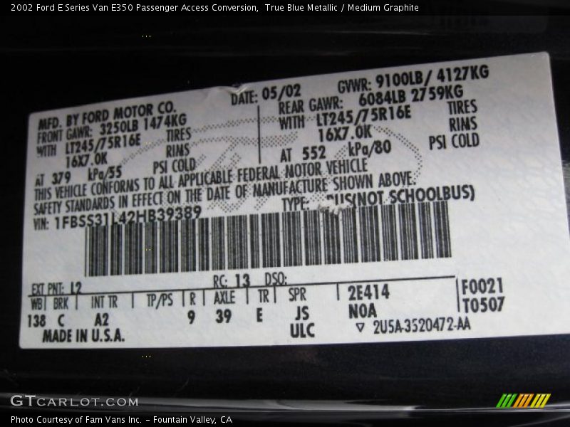 True Blue Metallic / Medium Graphite 2002 Ford E Series Van E350 Passenger Access Conversion