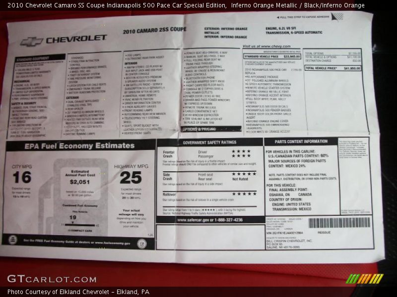  2010 Camaro SS Coupe Indianapolis 500 Pace Car Special Edition Window Sticker