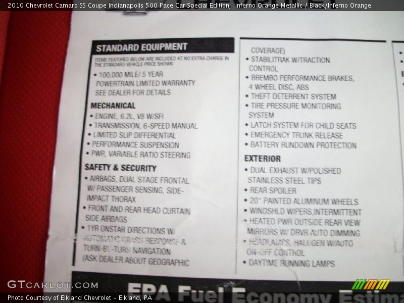  2010 Camaro SS Coupe Indianapolis 500 Pace Car Special Edition Window Sticker