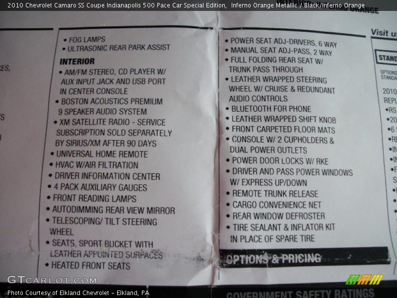  2010 Camaro SS Coupe Indianapolis 500 Pace Car Special Edition Window Sticker