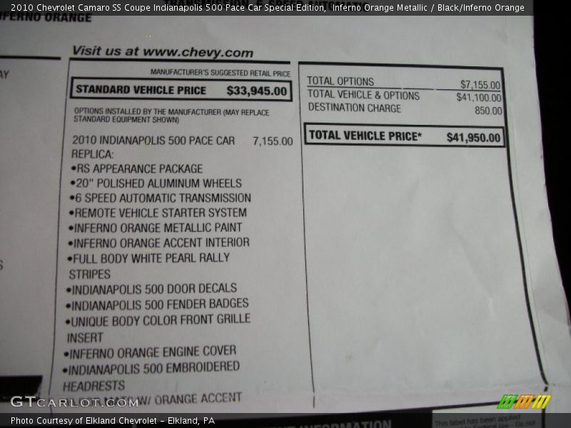  2010 Camaro SS Coupe Indianapolis 500 Pace Car Special Edition Window Sticker