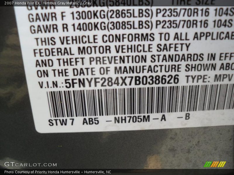 Nimbus Gray Metallic / Gray 2007 Honda Pilot EX