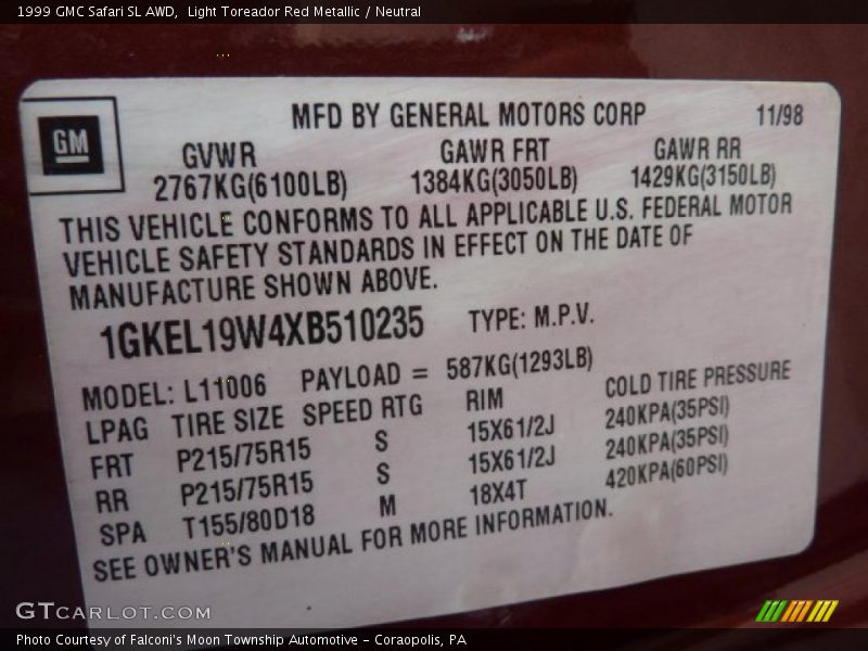 Light Toreador Red Metallic / Neutral 1999 GMC Safari SL AWD