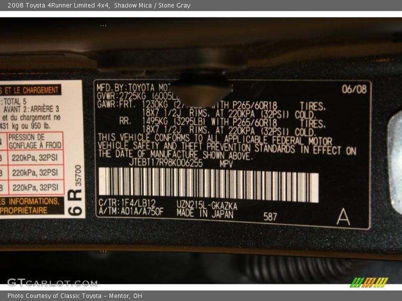 2008 4Runner Limited 4x4 Shadow Mica Color Code 1F4
