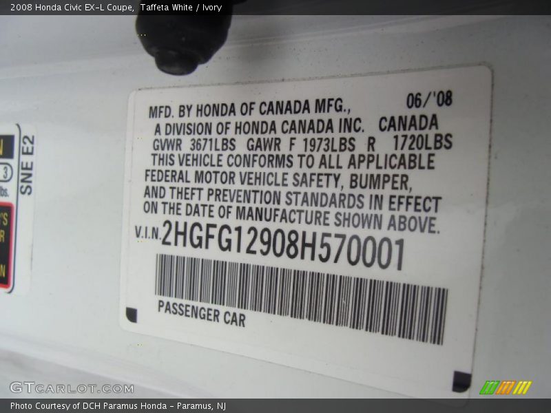 Taffeta White / Ivory 2008 Honda Civic EX-L Coupe