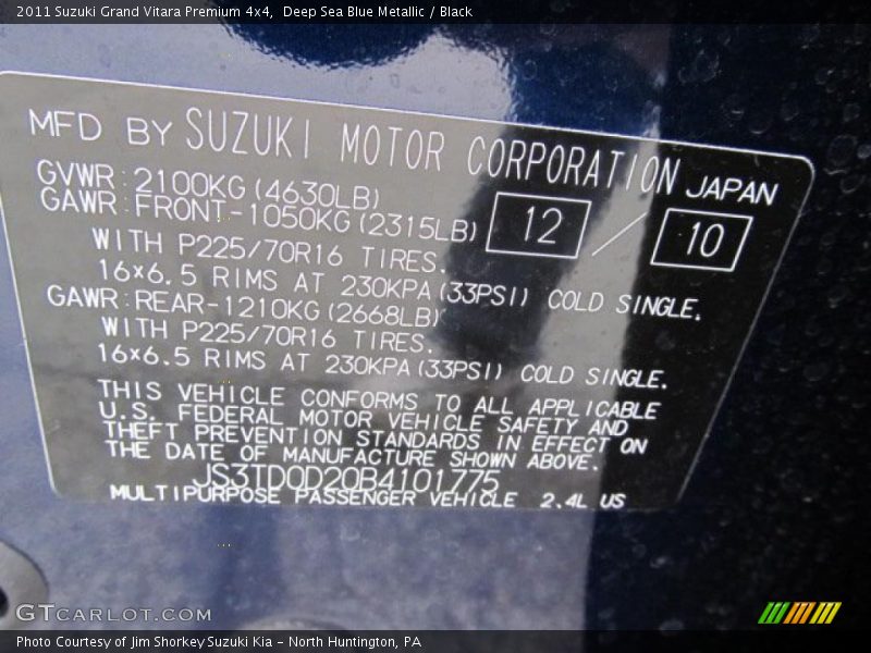 Deep Sea Blue Metallic / Black 2011 Suzuki Grand Vitara Premium 4x4