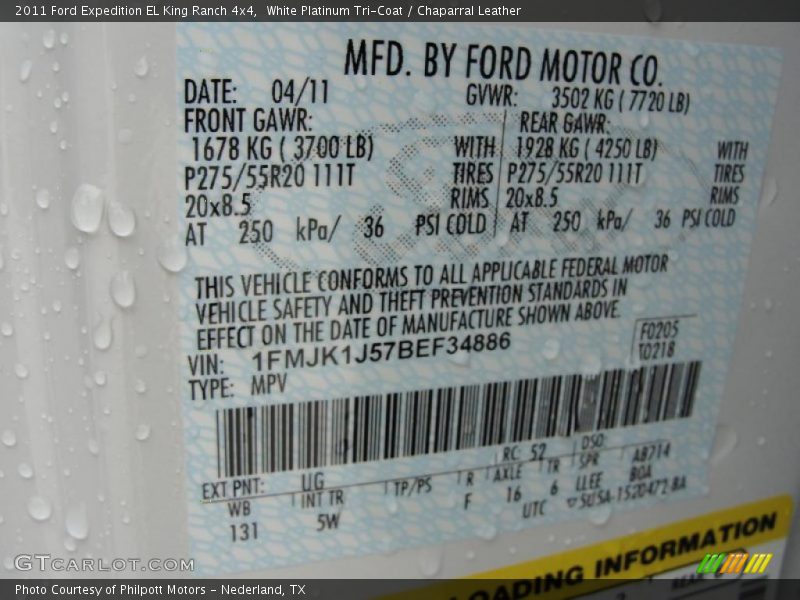 2011 Expedition EL King Ranch 4x4 White Platinum Tri-Coat Color Code UG